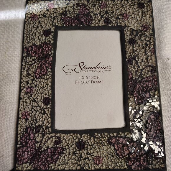 Stonebriar Mosaid Glass Photo Frame 4x6 Butterflies Purple Cream Iridescent Tile - Picture 2 of 15